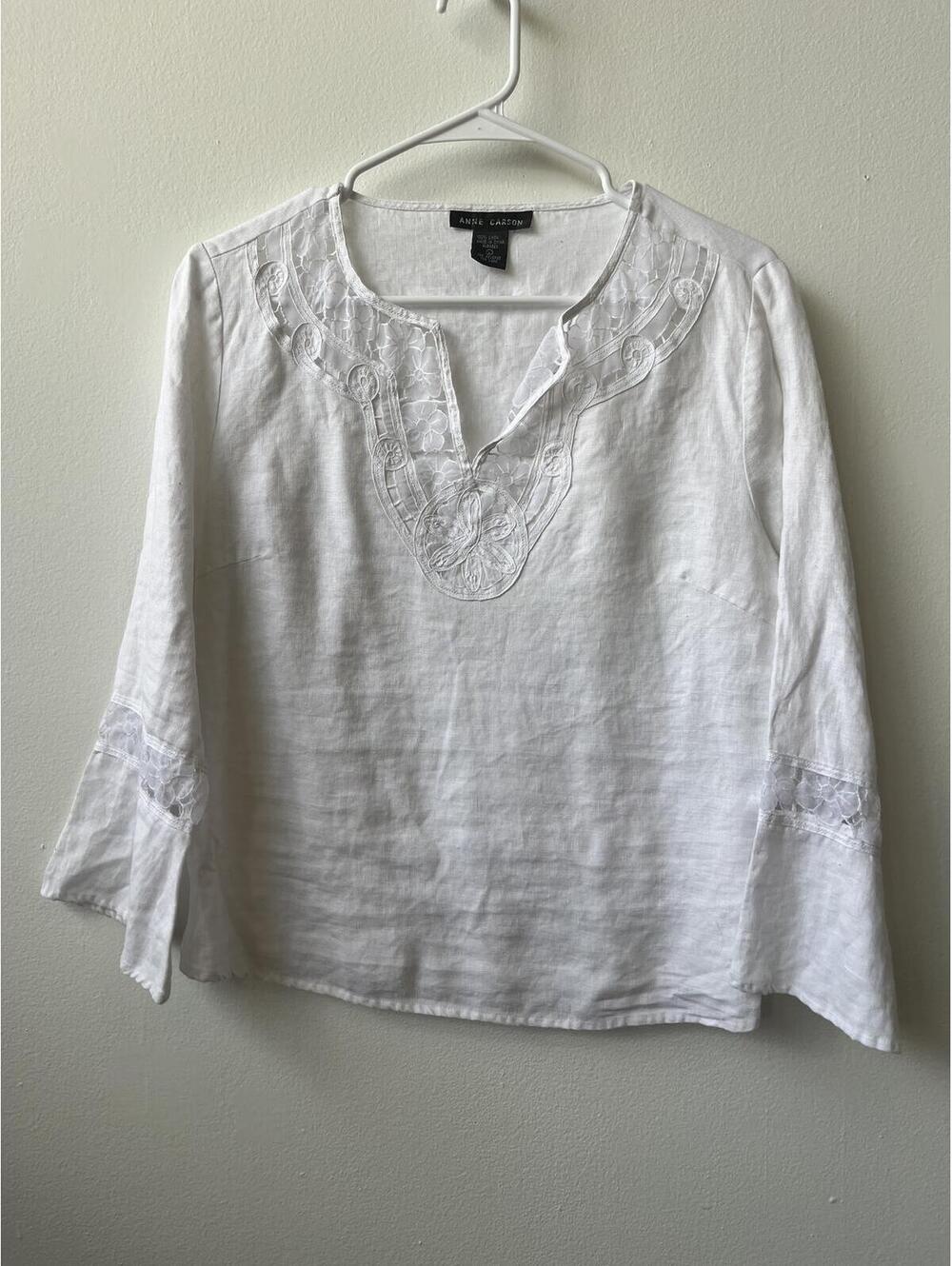 Anne Carson 100% linen size large lace bell sleeve v neck 3/4 sleeve blouse boho